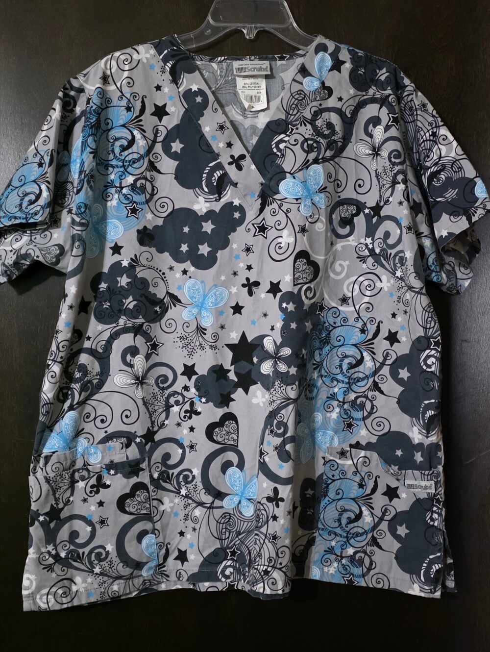 UA Scrubs Gray Blue Butterfly Print Scrub Top Pockets Cotton Women's Size XL